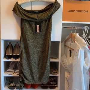 BRAND NEW PLT Gold Off the shoulder Ruched Dress